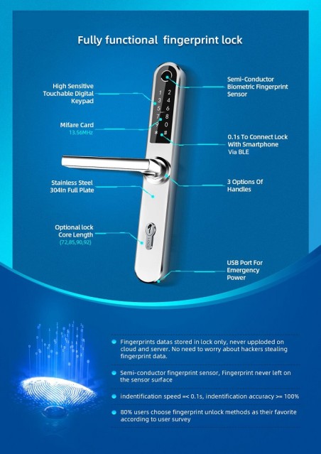 Smart door handle "iNOVO (Waterproof IP55)" Bluetooth C92mm (Silver)