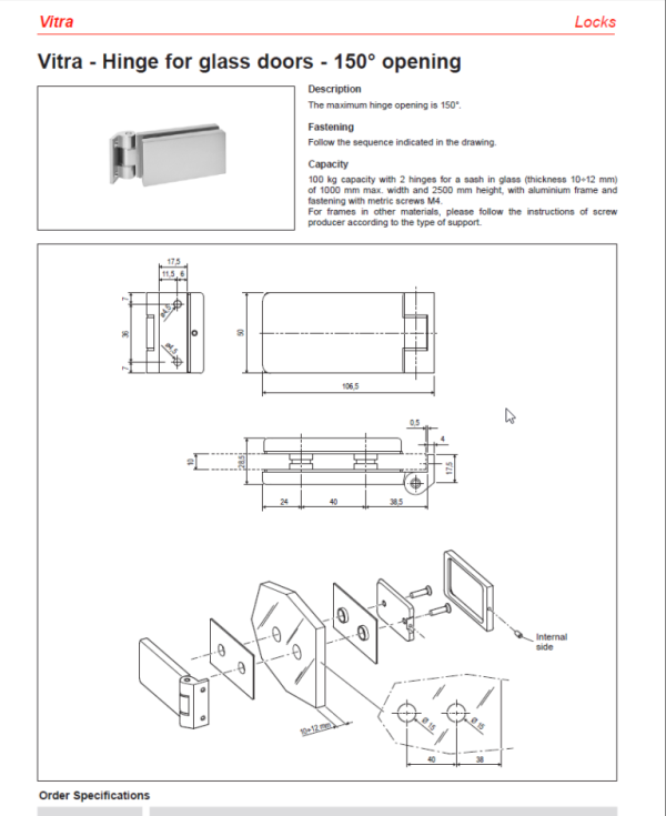 Hinge for glass doors "VITRA MINIMAL" (opening...