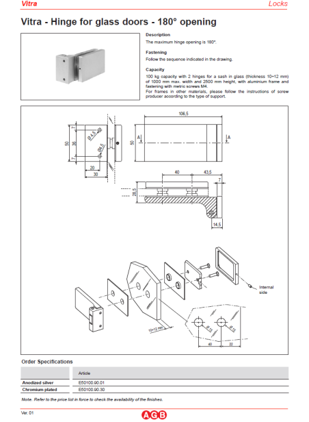 Hinge for glass doors "VITRA MINIMAL" (opening angle 180*)
