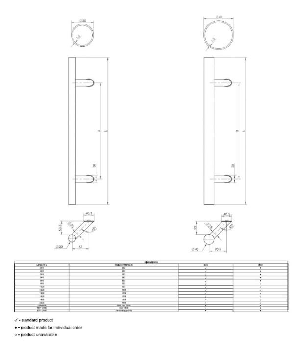 Dvipusė rankena su lenktu tvirtinimu. 800mm,...