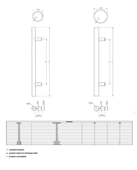 Double-sided handle with straight mounting. 800mm, distance between mountings 600mm, 30mm. Black