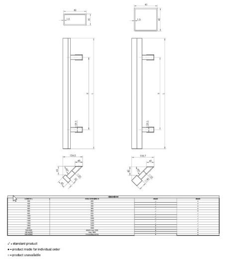 Dvipusė rankena kvadratinė su lenktu tvirtinimu. 1000mm, 800mm, 20mmx40mm. Juoda
