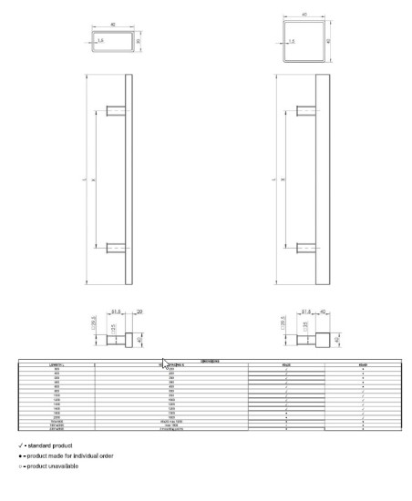 Dvipusė kvadratinė rankena su tiesiu tvirtinimu.(500mm, 300mm, 20mmx40mm). Juoda