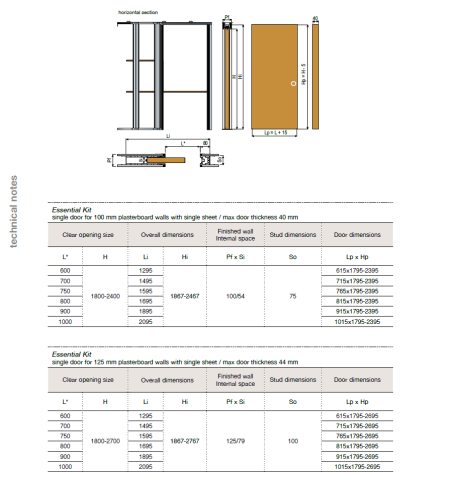 “Essential GOLD GLASS” Paslėptų stumdomų stiklo durų be apvadų sistemos komplektas, gipso sienai 900mm