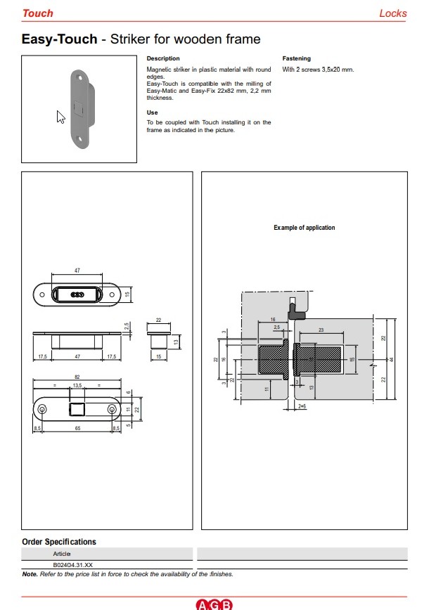 Plate for "AGB Touch and Touch & Close" locks