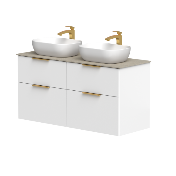 Two-cabinet set "BIG" with two free-standing "OVALO" washbasins and brushed brass handles