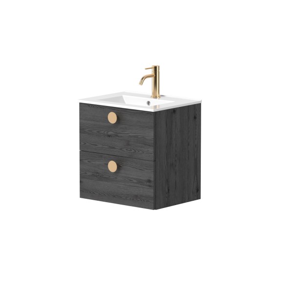 Cabinet "DUET" with brushed brass handles and recessed ceramic washbasin "LUARA"