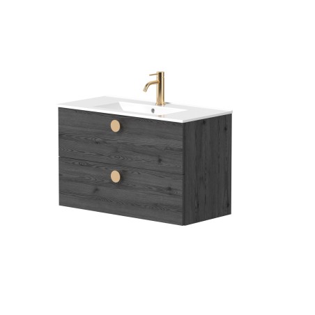 Cabinet "DUET" with brushed brass handles and recessed ceramic washbasin "LUARA"
