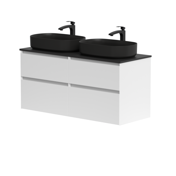 Two-cabinet set "LOFT" with "Dekton®" black countertop and two freestanding "Vessel" washbasins