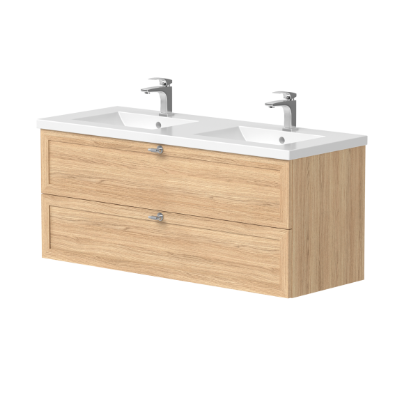 Dviejų spintelių "RUSTIC" su "INOX" spalvos rankenėlėmis ir keraminiu dvigubu praustuvu "SEVILLE"