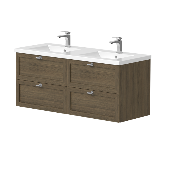 Dviejų spintelių "RUSTIC" su "INOX" spalvos rankenėlėmis ir keraminiu dvigubu praustuvu "SEVILLE"