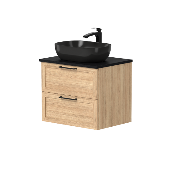 Cabinet "RUSTIC" with black handles, "Dekton®" black countertop and "OVALO" freestanding washbasin