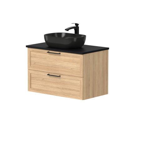 Spintelė "RUSTIC" su juodomis rankenėlėmis, "Dekton®" juodu stalviršiu ir pastatomu "OVALO" praustuvu