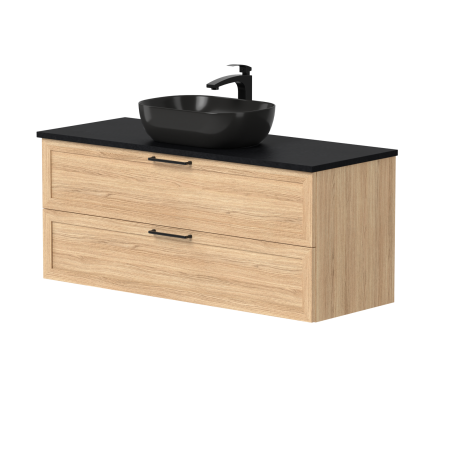 Spintelė "RUSTIC" su juodomis rankenėlėmis, "Dekton®" juodu stalviršiu ir pastatomu "OVALO" praustuvu