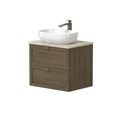 Spintelė "RUSTIC" su sendinto žalvario rankenėlėmis, natūralaus kvarcito akmens stalviršiu ir pastatomu "OVALO" praustuvu