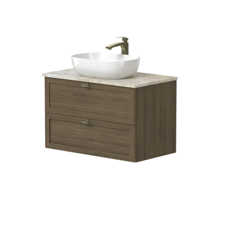 Spintelė "RUSTIC" su sendinto žalvario rankenėlėmis, natūralaus kvarcito akmens stalviršiu ir pastatomu "OVALO" praustuvu