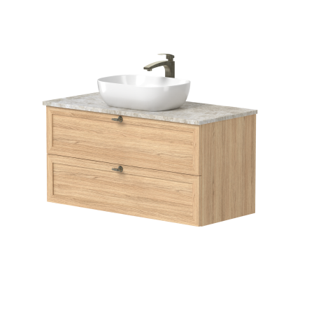 Spintelė "RUSTIC" su sendinto žalvario rankenėlėmis, natūralaus kvarcito akmens stalviršiu ir pastatomu "OVALO" praustuvu