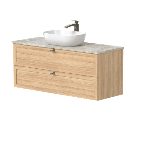 Spintelė "RUSTIC" su sendinto žalvario rankenėlėmis, natūralaus kvarcito akmens stalviršiu ir pastatomu "OVALO" praustuvu