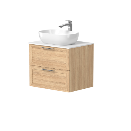 Spintelė "RUSTIC" su blizgaus nikelio spalvos rankenėlėmis, "Corian®" baltu stalviršiu ir pastatomu "OVALO" praustuvu