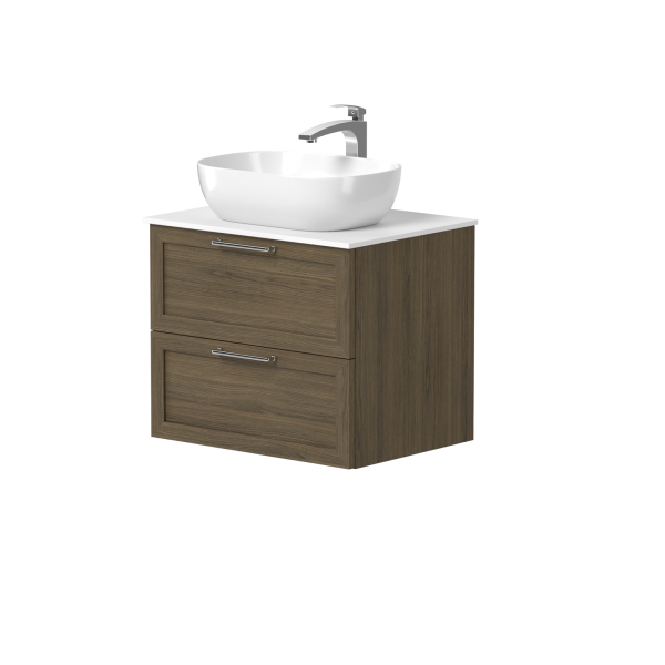 Spintelė "RUSTIC" su blizgaus nikelio spalvos rankenėlėmis, "Corian®" baltu stalviršiu ir pastatomu "OVALO" praustuvu