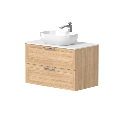 Spintelė "RUSTIC" su blizgaus nikelio spalvos rankenėlėmis, "Corian®" baltu stalviršiu ir pastatomu "OVALO" praustuvu