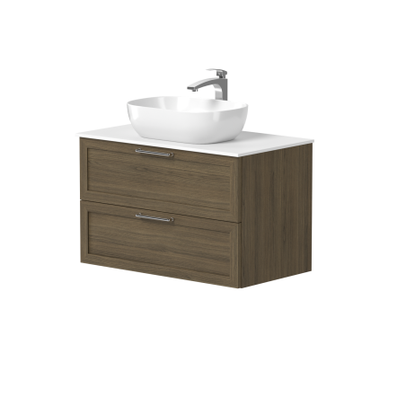 Spintelė "RUSTIC" su blizgaus nikelio spalvos rankenėlėmis, "Corian®" baltu stalviršiu ir pastatomu "OVALO" praustuvu