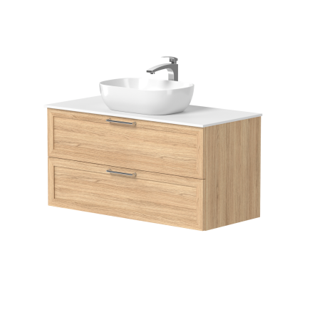 Spintelė "RUSTIC" su blizgaus nikelio spalvos rankenėlėmis, "Corian®" baltu stalviršiu ir pastatomu "OVALO" praustuvu