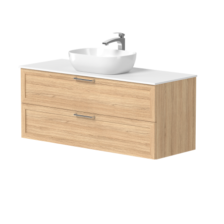 Spintelė "RUSTIC" su blizgaus nikelio spalvos rankenėlėmis, "Corian®" baltu stalviršiu ir pastatomu "OVALO" praustuvu