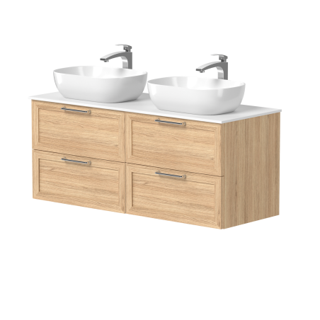 Dviejų spintelių "RUSTIC" su blizgaus nikelio rankenėlėmis, "Corian®" baltu stalviršiu ir dviem pastatomais "OVALO" praustuvais