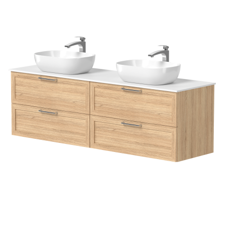 Dviejų spintelių "RUSTIC" su blizgaus nikelio rankenėlėmis, "Corian®" baltu stalviršiu ir dviem pastatomais "OVALO" praustuvais