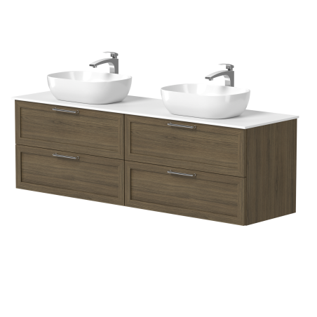 Dviejų spintelių "RUSTIC" su blizgaus nikelio rankenėlėmis, "Corian®" baltu stalviršiu ir dviem pastatomais "OVALO" praustuvais