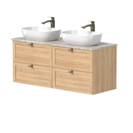 Dviejų spintelių "RUSTIC" su sendinto žalvario rankenėlėmis, natūralaus kvarcito akmens stalviršiu ir "OVALO" praustuvais