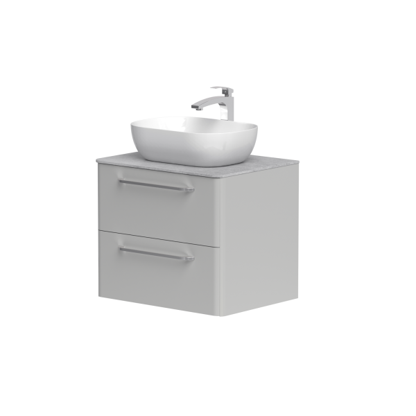 Spintelė "SOFT" su chromo spalvos rankenomis,  "Dekton®" betono stalviršiu ir pastatomu "OVALO" praustuvu