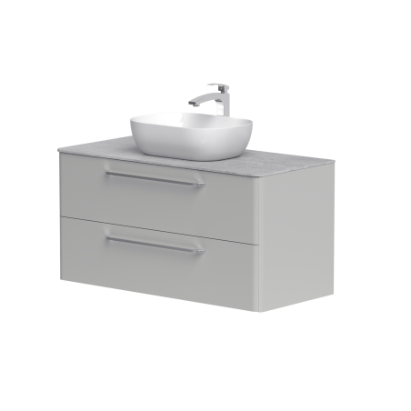 Spintelė "SOFT" su chromo spalvos rankenomis,  "Dekton®" betono stalviršiu ir pastatomu "OVALO" praustuvu