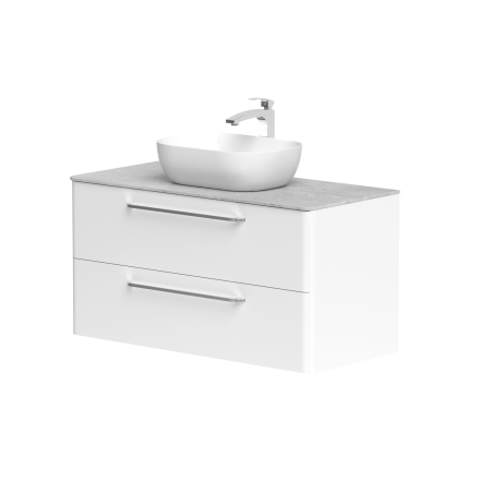 Spintelė "SOFT" su chromo spalvos rankenomis,  "Dekton®" betono stalviršiu ir pastatomu "OVALO" praustuvu