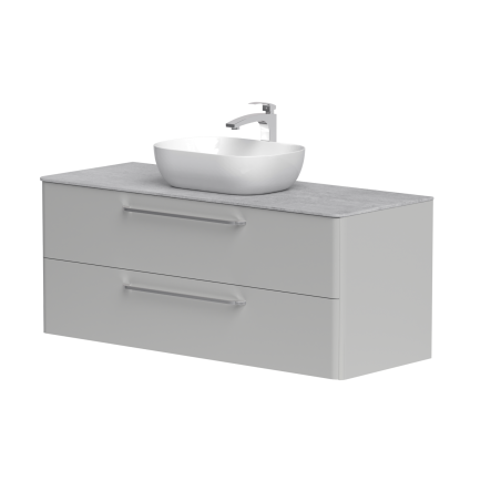 Spintelė "SOFT" su chromo spalvos rankenomis,  "Dekton®" betono stalviršiu ir pastatomu "OVALO" praustuvu