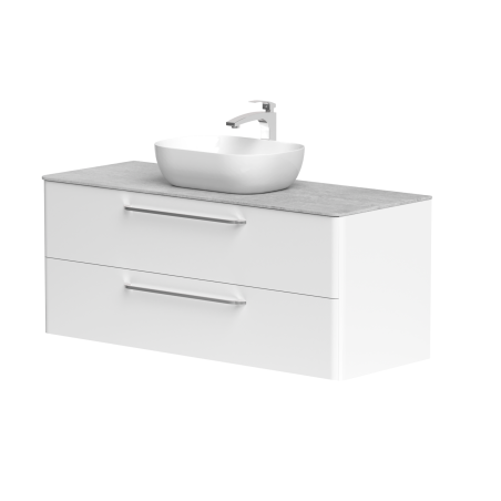 Spintelė "SOFT" su chromo spalvos rankenomis,  "Dekton®" betono stalviršiu ir pastatomu "OVALO" praustuvu