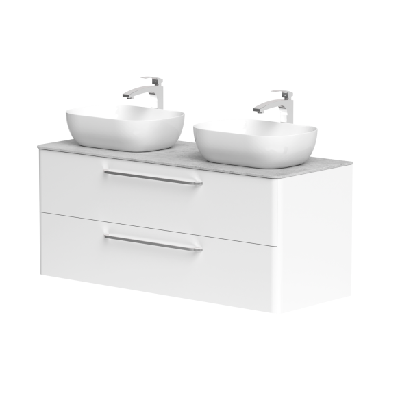 Cabinet "SOFT" with chrome handles, "Dekton®" concrete countertop and two "OVALO" freestanding washbasins