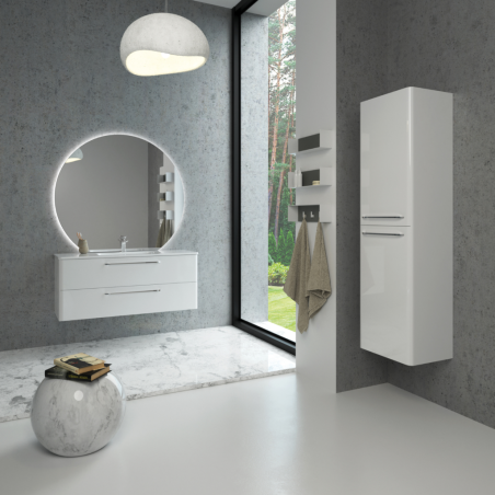 Spintelė "SOFT" su chromo spalvos rankenomis, "Dekton®" betono stalviršiu ir dviem pastatomais "OVALO" praustuvais